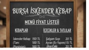 Bursa İskender Kebap menü fiyat listesi