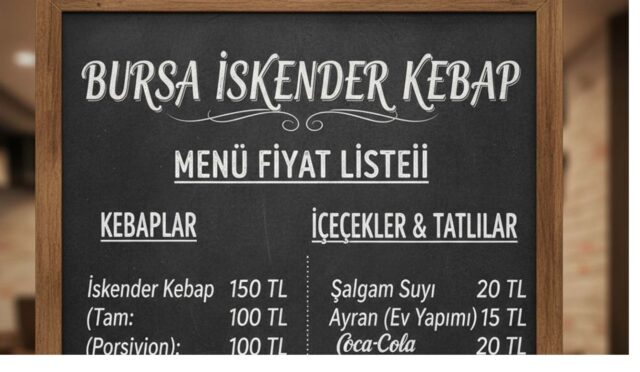 Bursa İskender Kebap menü fiyat listesi