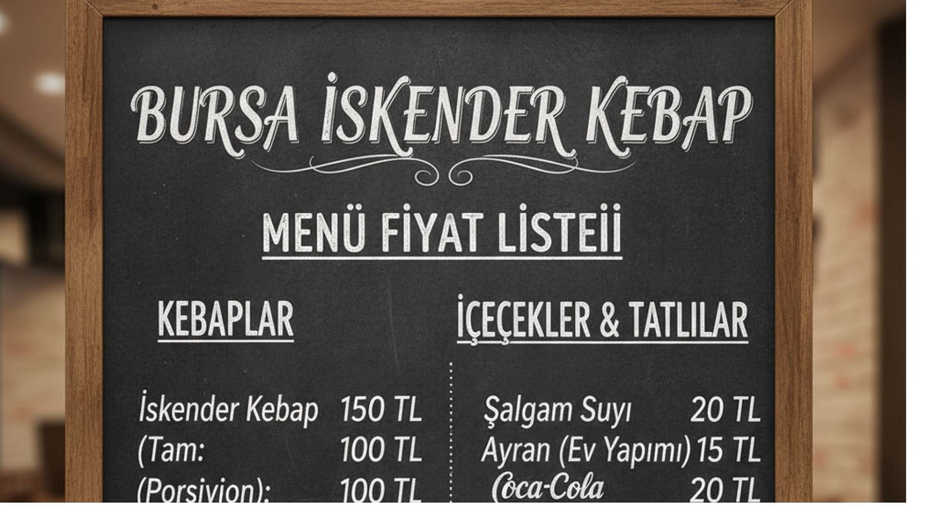 Bursa İskender Kebap menü fiyat listesi